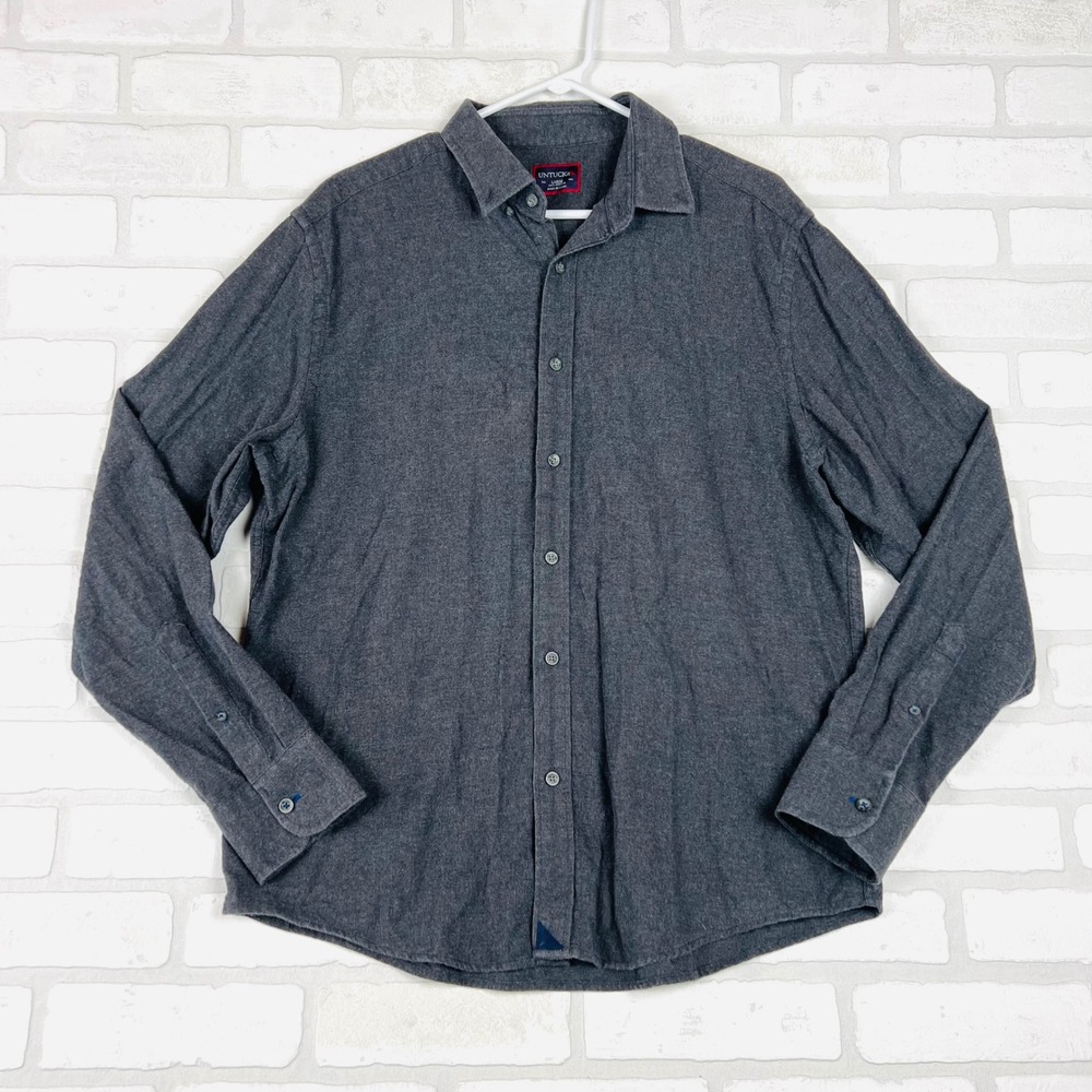 UNTUCKit Mens Flannel Button Down Shirt Charcoal Gray Brushed Cotton Large